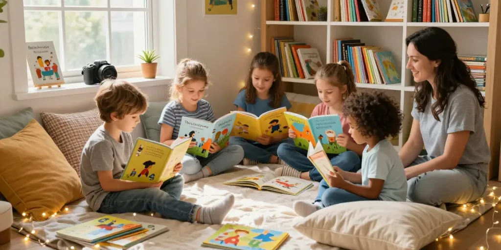 Children enjoying rokok 88 storybooks in a cozy reading nook.