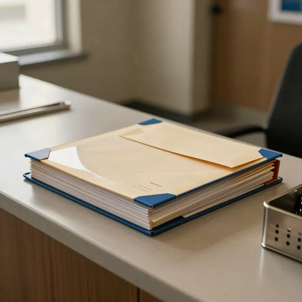Vergunningsset in een gemeentelijke balie, klaar voor de volgende stap in zacht corridorlicht.