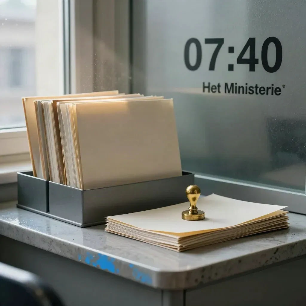 Civiele archiefopstelling met mappen, stempel en frosted glas in koel ochtendlicht.