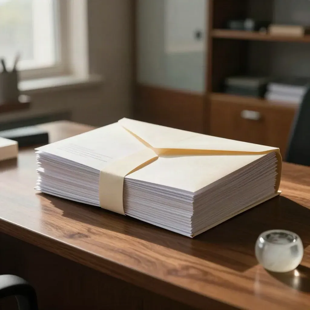 Persberichtbundel met proefset, envelop en paperweight in warme redactieruimte bij raamlicht.