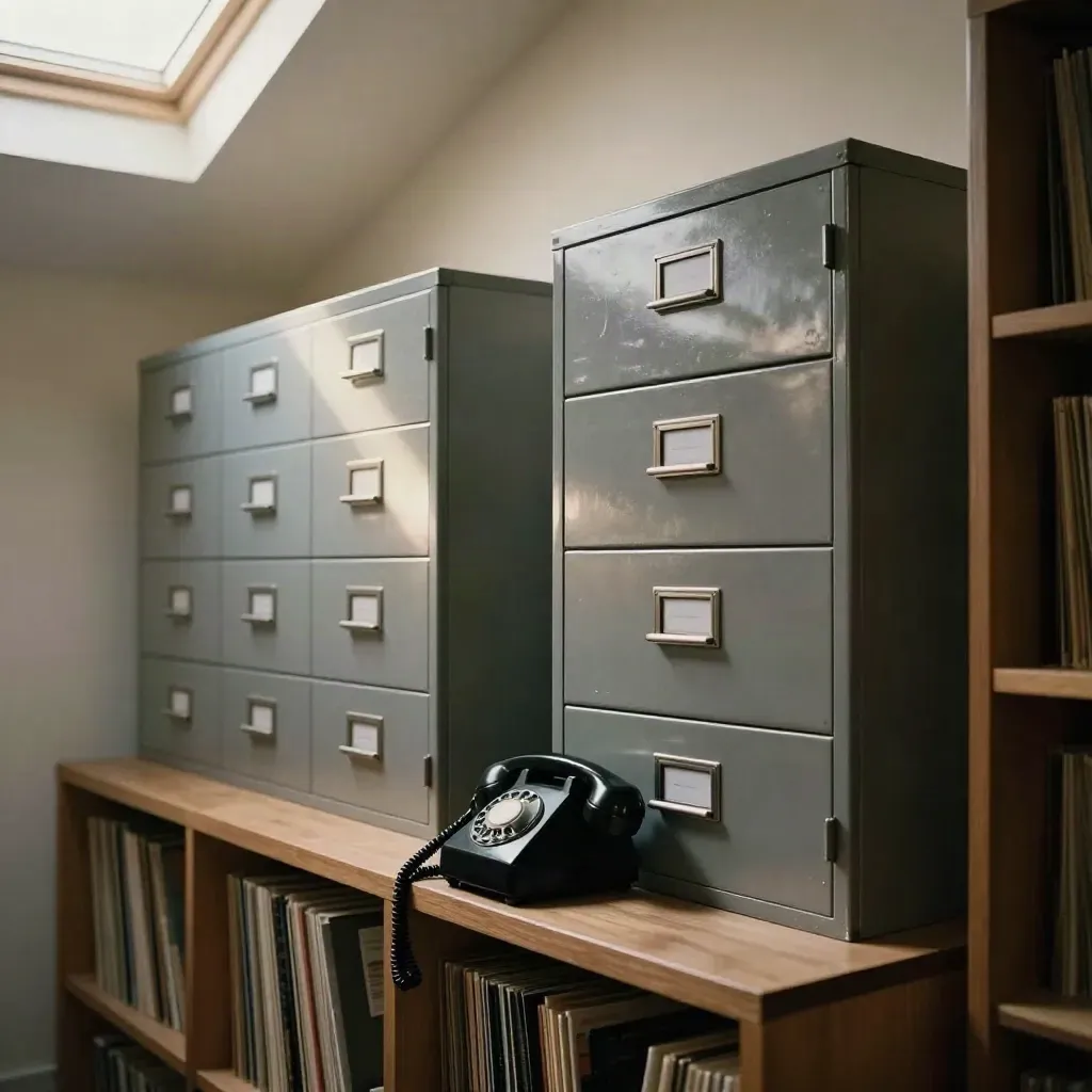 Compacte ministeriedirectory met bureautelefoon en archiefkast in sfeervol licht.