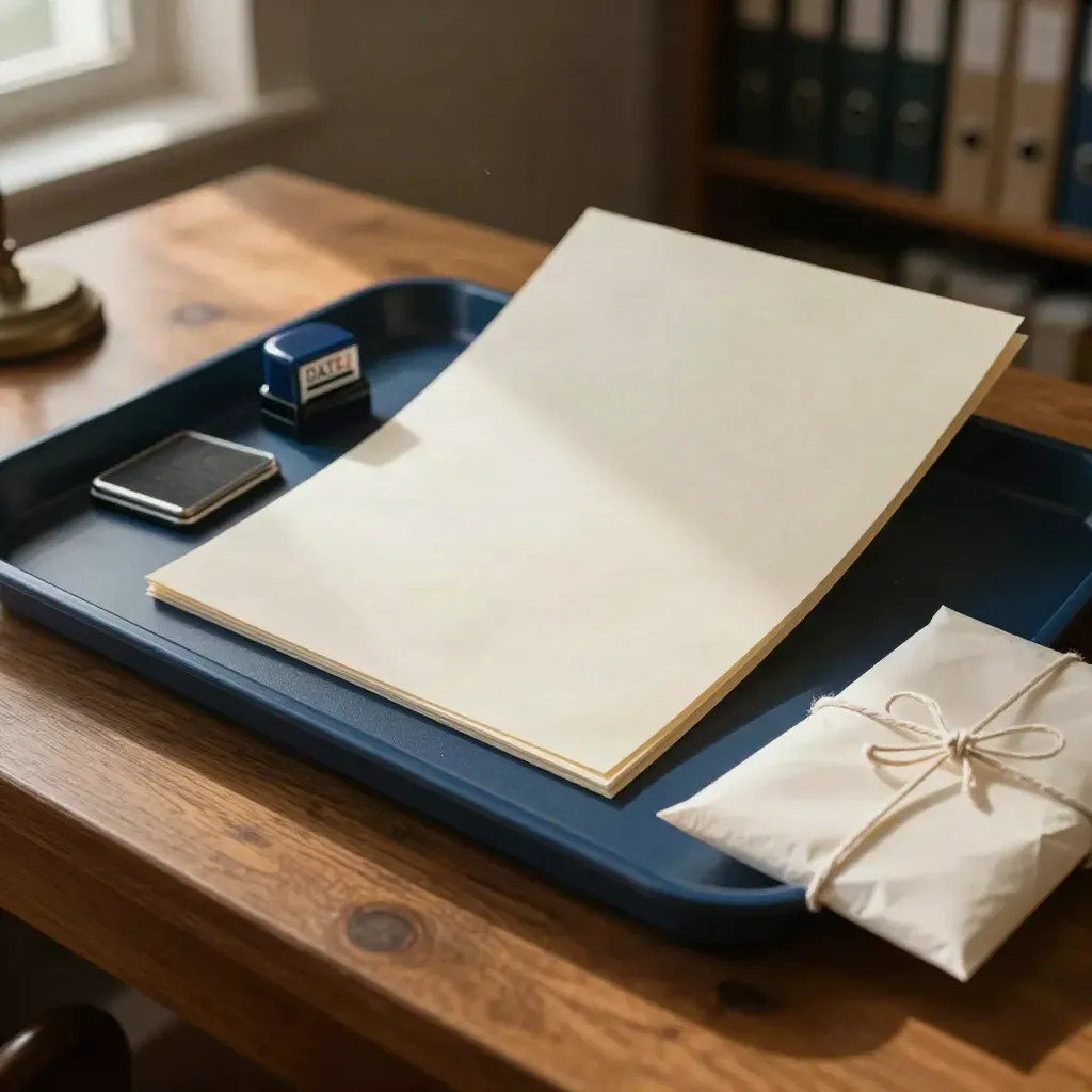 Persberichtset met datumstempel en uitgaande tray op een houten tafel.