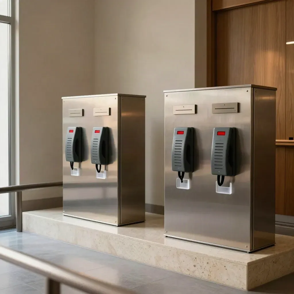 Twee contactzuilen met telefoons in een ministerielobby, strak gespiegeld naast elkaar.