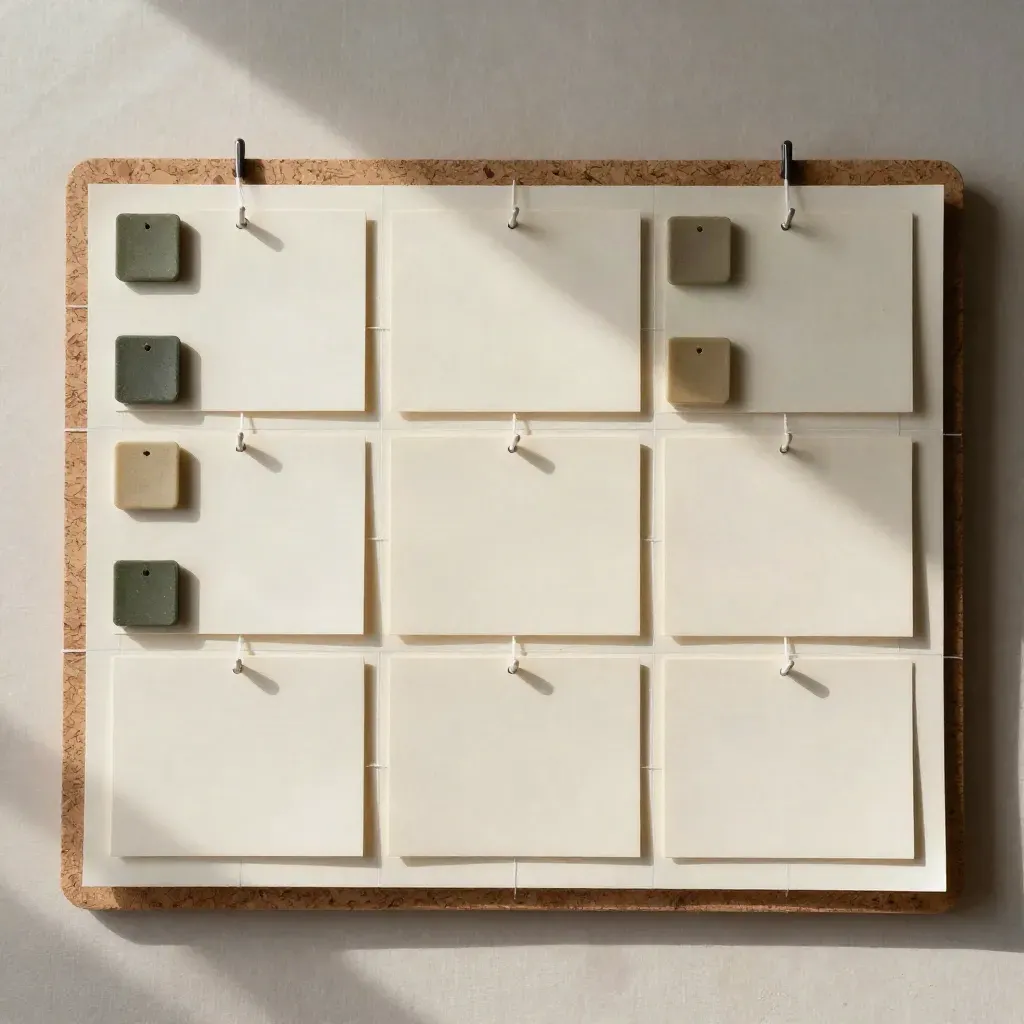 Bovenaanzicht van een contentbord met blanco kaartjes, indexchips en strak draadplan.