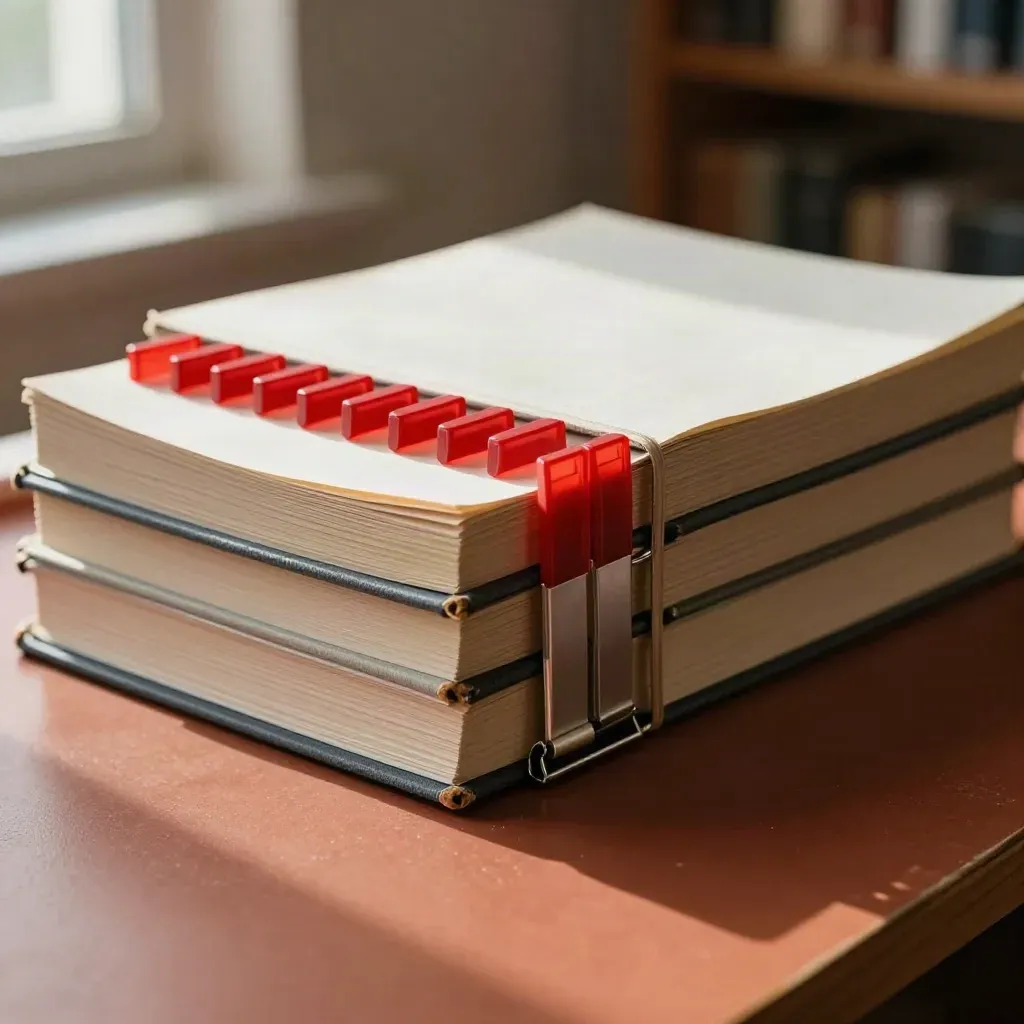 Bronnencheckset met gesloten boeken, bronbundels en rode tabmarkers op een stille werktafel.
