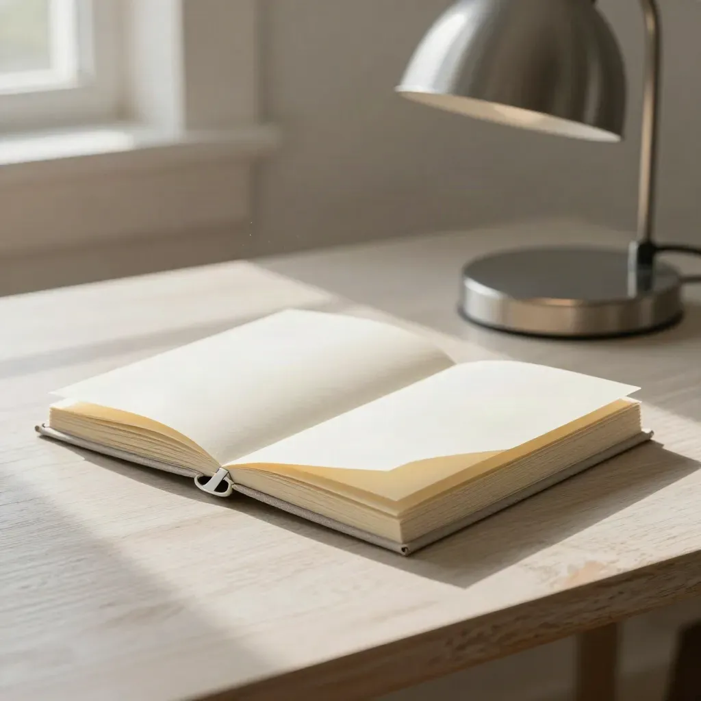 Gevouwen uitlegset met tabs, leeslamp en markeerclip op licht hout in zacht zijlicht.