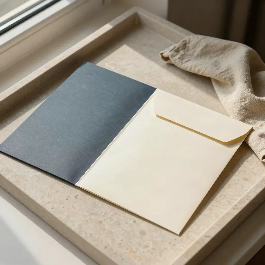 Formulierenvelop, aanvraaghoes en retourpouch op een stenen tray met blauw accent