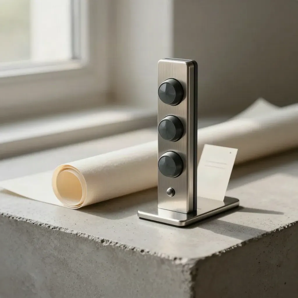Metalen statusindicator met opgerolde kaart en tab in een minimalistische dossierhouder.