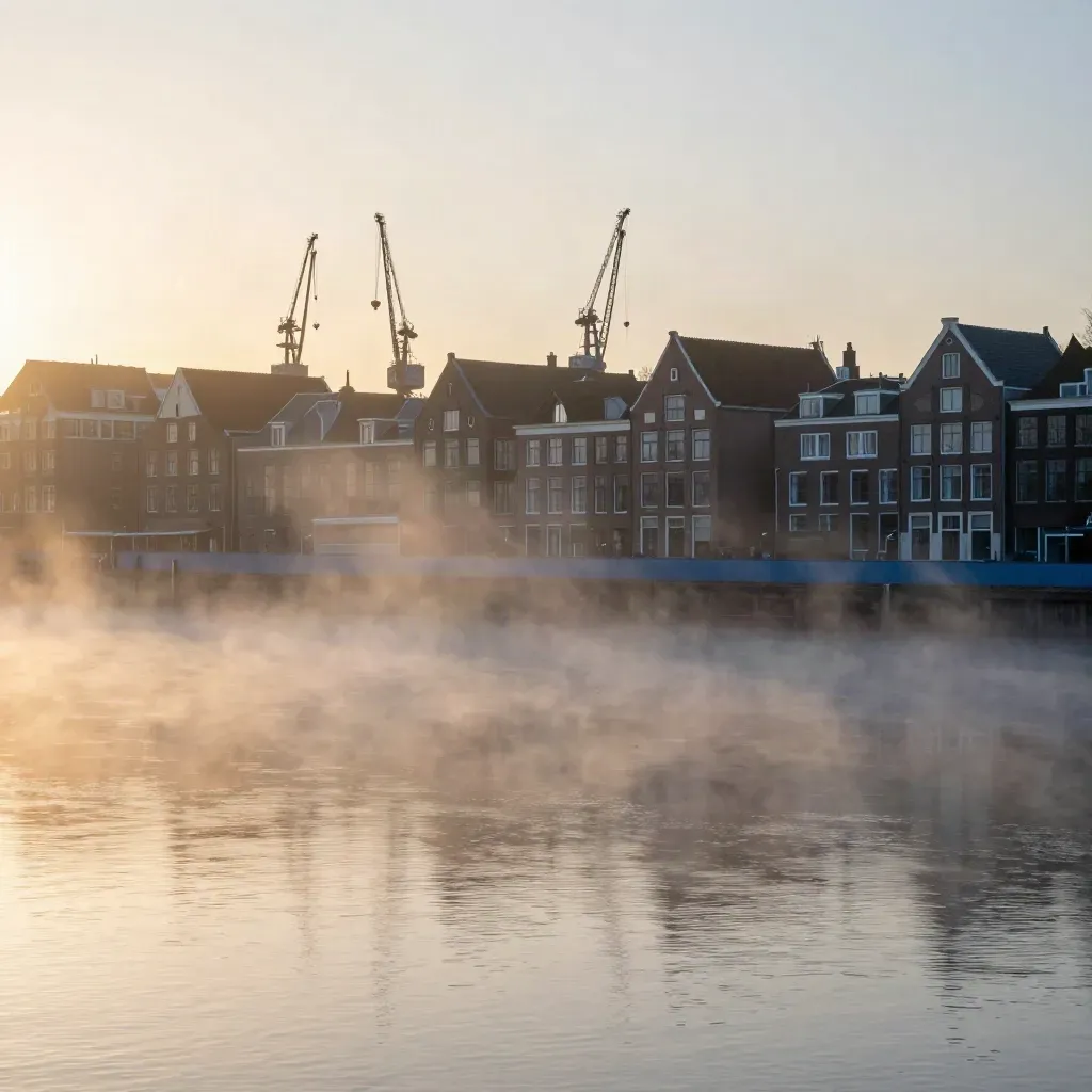 Mistige zonsopkomst boven het IJ met Amsterdamse skyline en havenkranen hoog in beeld.