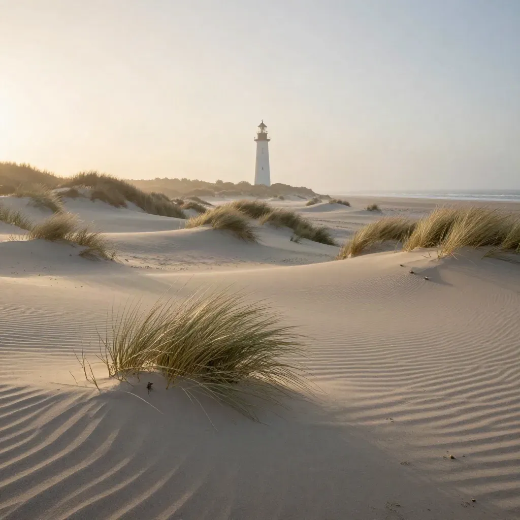 Noord-Hollandse duinen met zandrichels, helmgras en een verre vuurtoren in avondlicht.