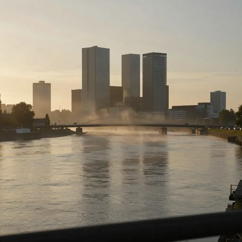 Rotterdamse skyline en hoge brug boven de Maas in warme riviermist, voor Zuid-Holland