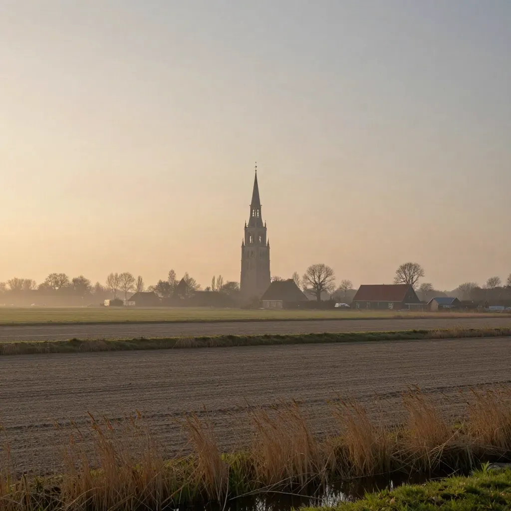 Mistig polderland met de Domtoren ver weg en dijken in warm avondlicht.