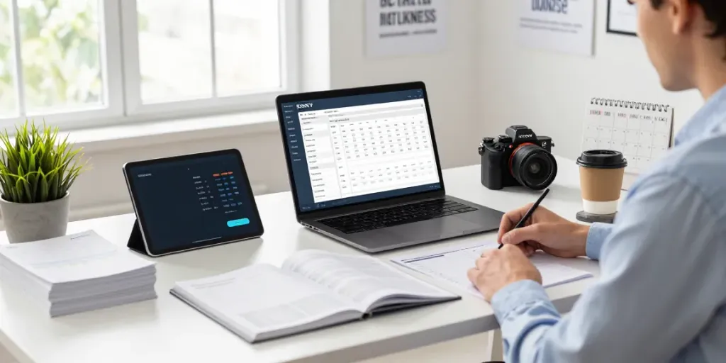 Werknemer aan het bureau met gratis boekhoudprogramma zzp software en facturen in een moderne kantooromgeving.