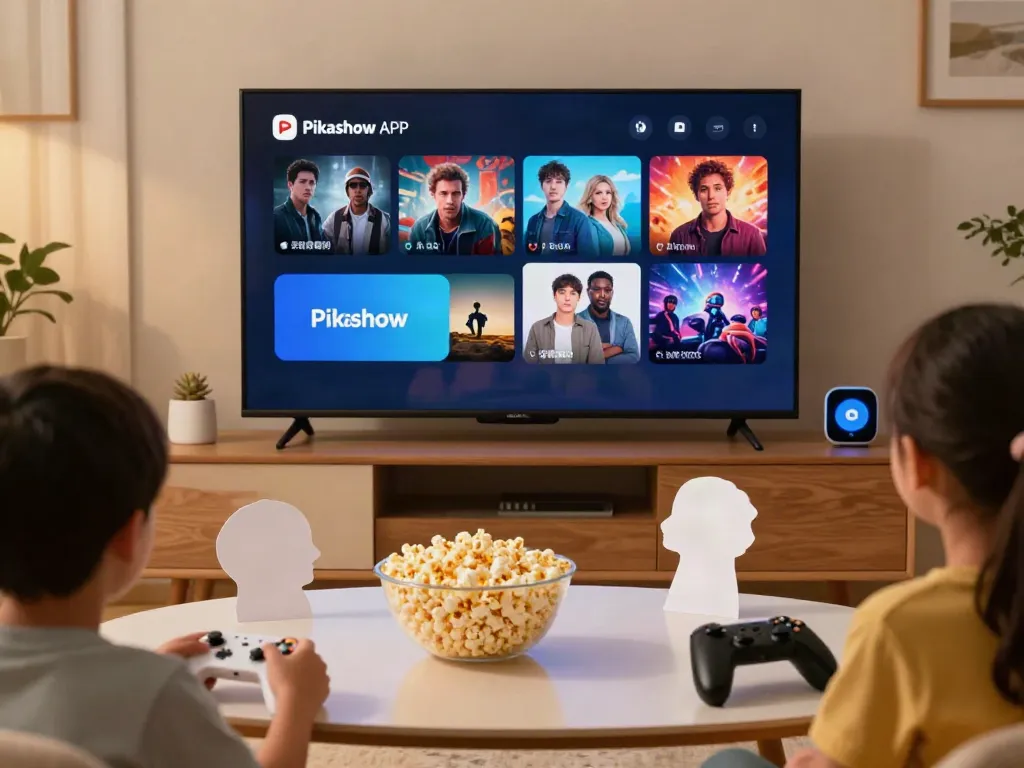 Family enjoying free download of movies on Pikashow APK in a cozy living room.